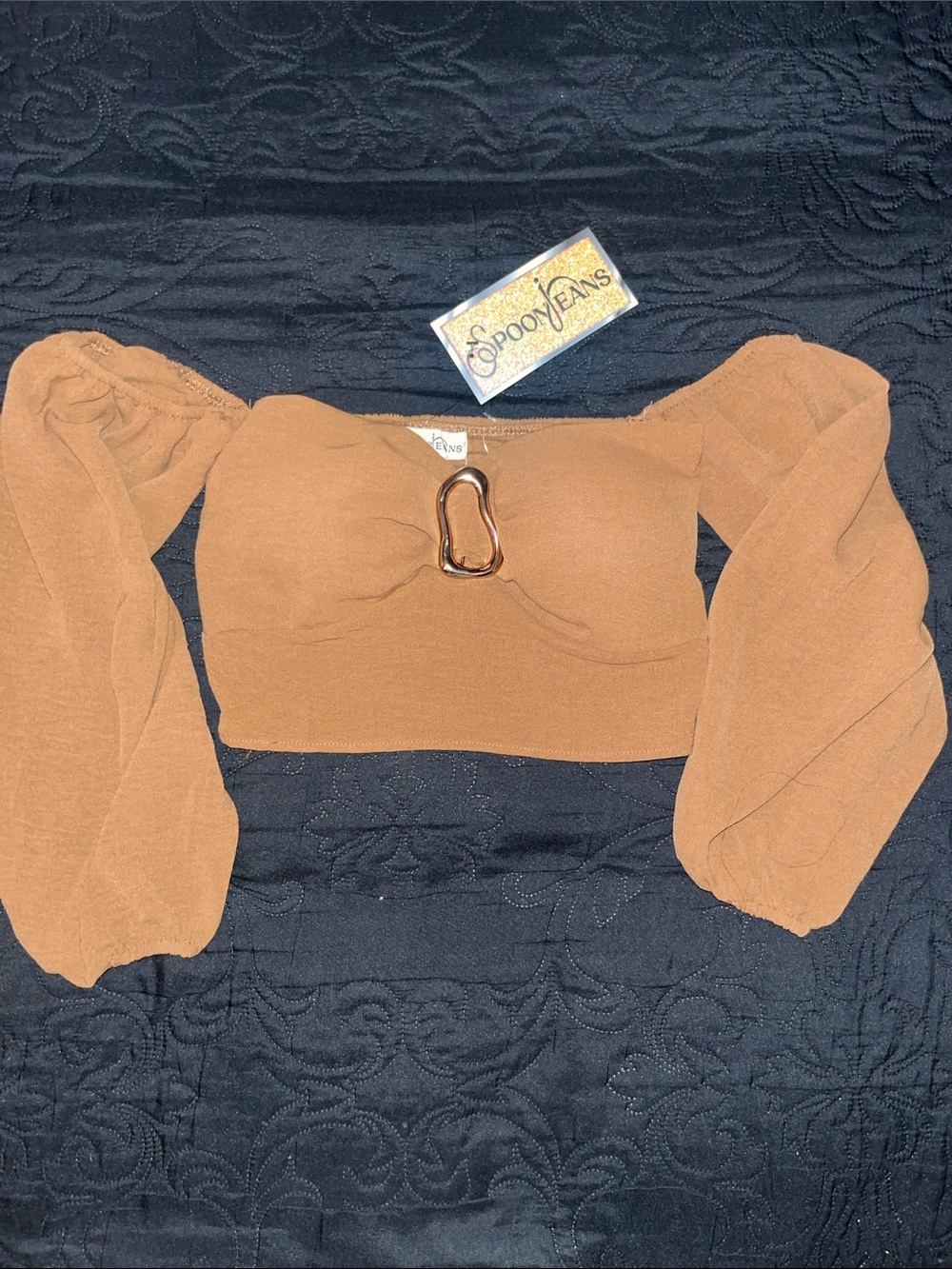So Posh Jeans Brown Puff Sleeve Crop Top with Front Ring